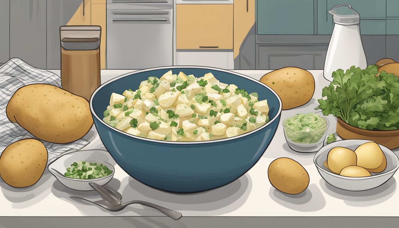 A bowl of potato salad sits on a kitchen counter, surrounded by ingredients like potatoes, onions, and mayonnaise. The salad is beginning to show signs of spoilage, with a slightly sour smell and discolored edges