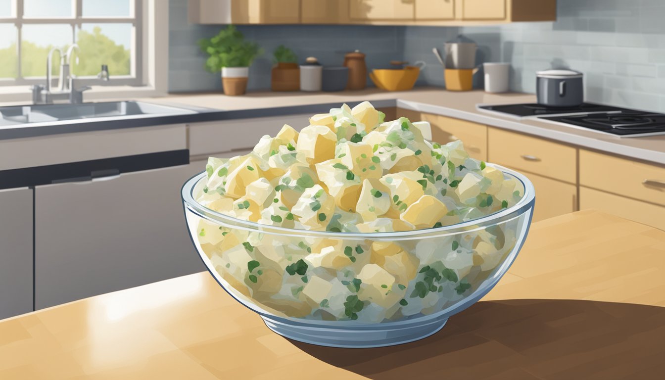 A bowl of potato salad sits on a kitchen counter, covered with plastic wrap. A calendar on the wall shows the current date