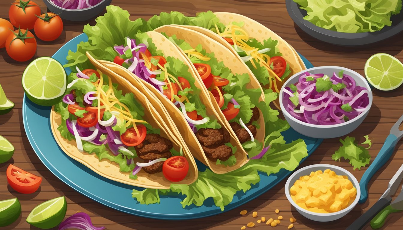 A plate of freshly prepared tacos sits on a wooden table, surrounded by colorful ingredients such as lettuce, tomatoes, and cheese