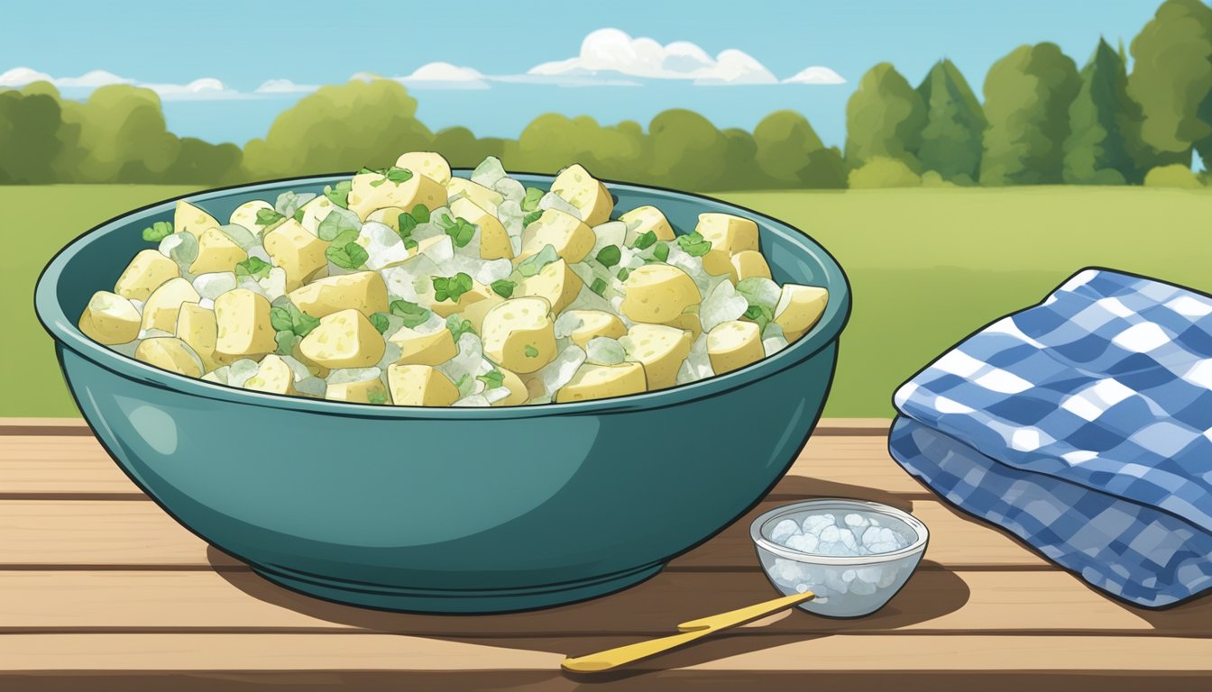 A bowl of potato salad sits on a picnic table, surrounded by ice packs and a thermometer, indicating its freshness and the effort to keep it cold