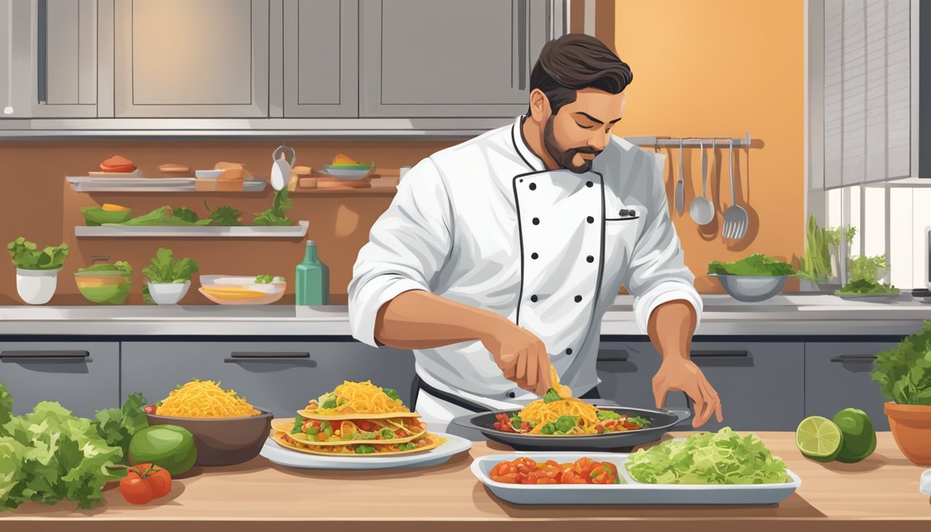 A chef prepares a plate of tacos with fresh ingredients on a clean, organized kitchen counter