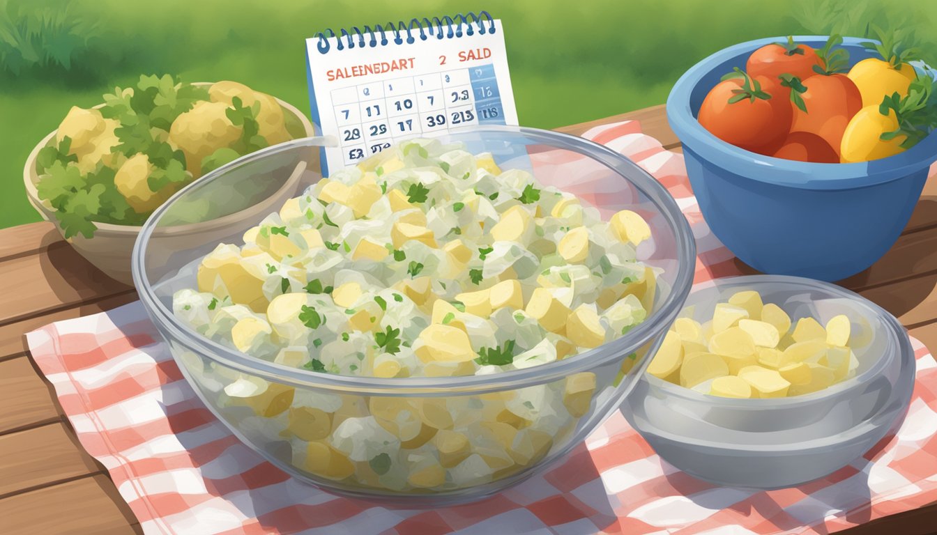 A bowl of potato salad sits on a picnic table, covered with plastic wrap. A calendar on the wall shows the current date