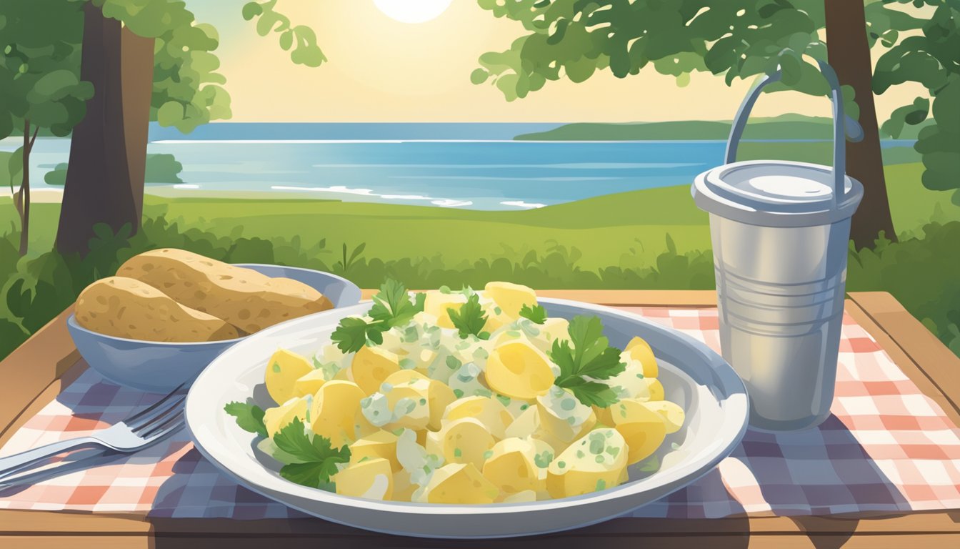 A bowl of potato salad sits on a picnic table with a sun hat and sunscreen nearby, indicating outdoor dining. A calendar with the date circled hangs on the wall