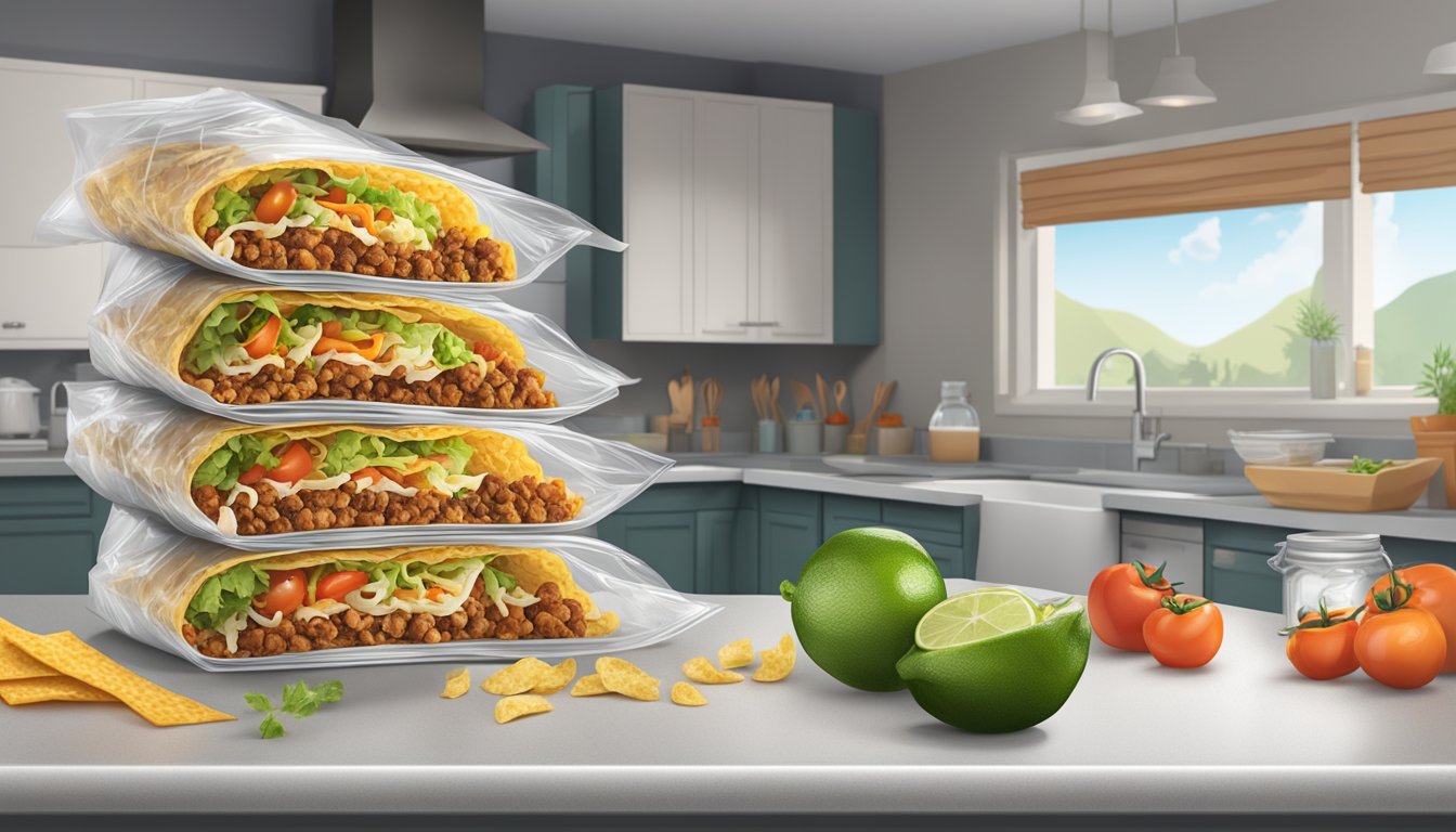 A stack of freshly prepared tacos sits on a kitchen counter, covered with plastic wrap. A calendar on the wall shows the current date