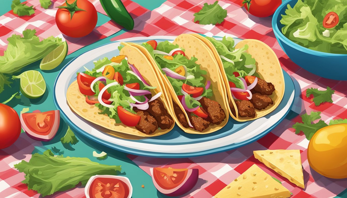 A plate of freshly prepared tacos sits on a colorful tablecloth, surrounded by vibrant ingredients like lettuce, tomatoes, and cheese