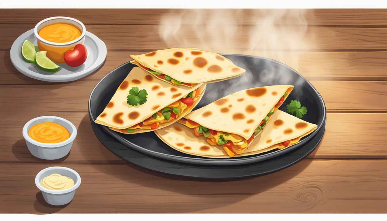 A plate of freshly prepared quesadillas sits on a wooden table, with steam rising from the melted cheese and warm tortillas