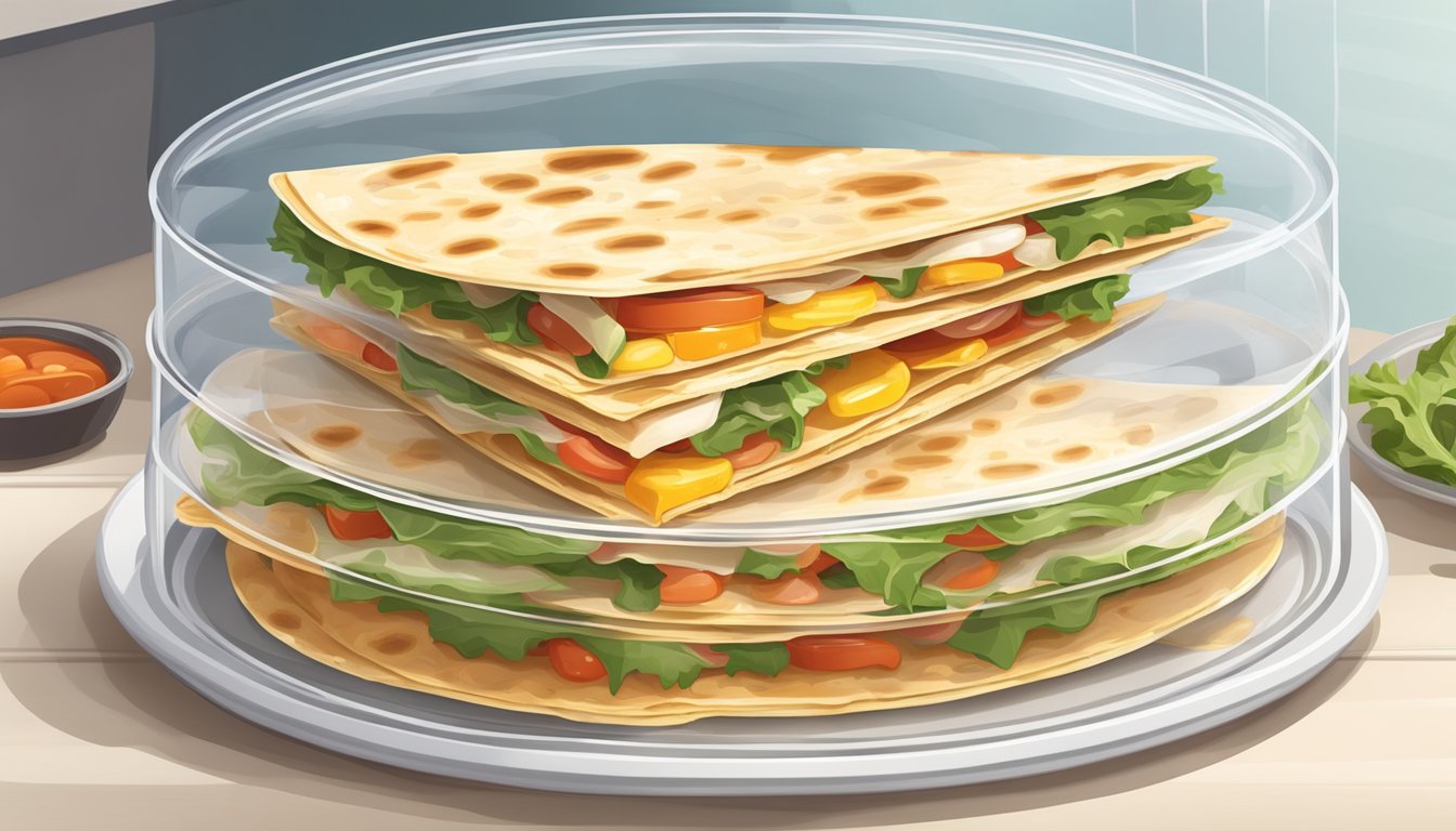 A stack of freshly prepared quesadillas sits on a clean, white plate, covered with a clear plastic wrap. The plate is placed inside a sealed, airtight container in the refrigerator