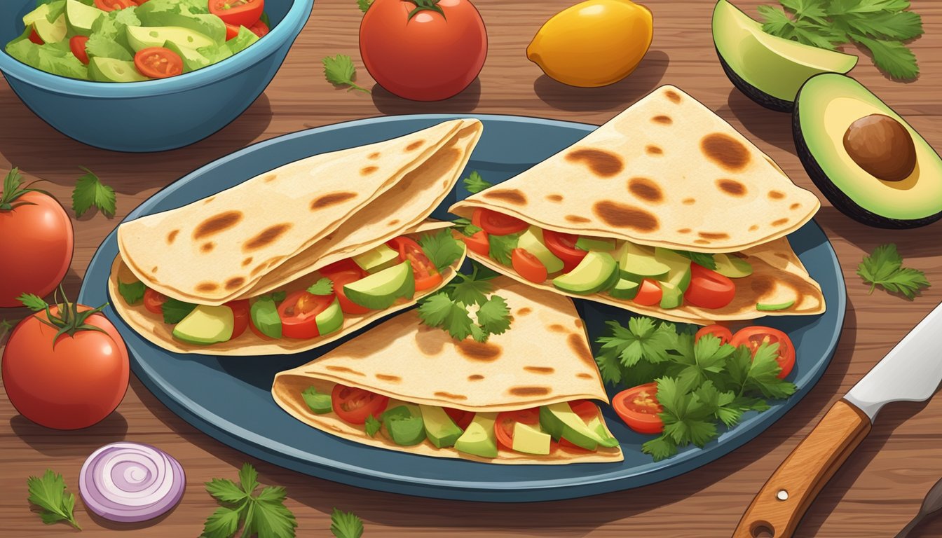 A plate of freshly prepared quesadillas sits on a wooden cutting board, surrounded by colorful ingredients like tomatoes, avocado, and cilantro