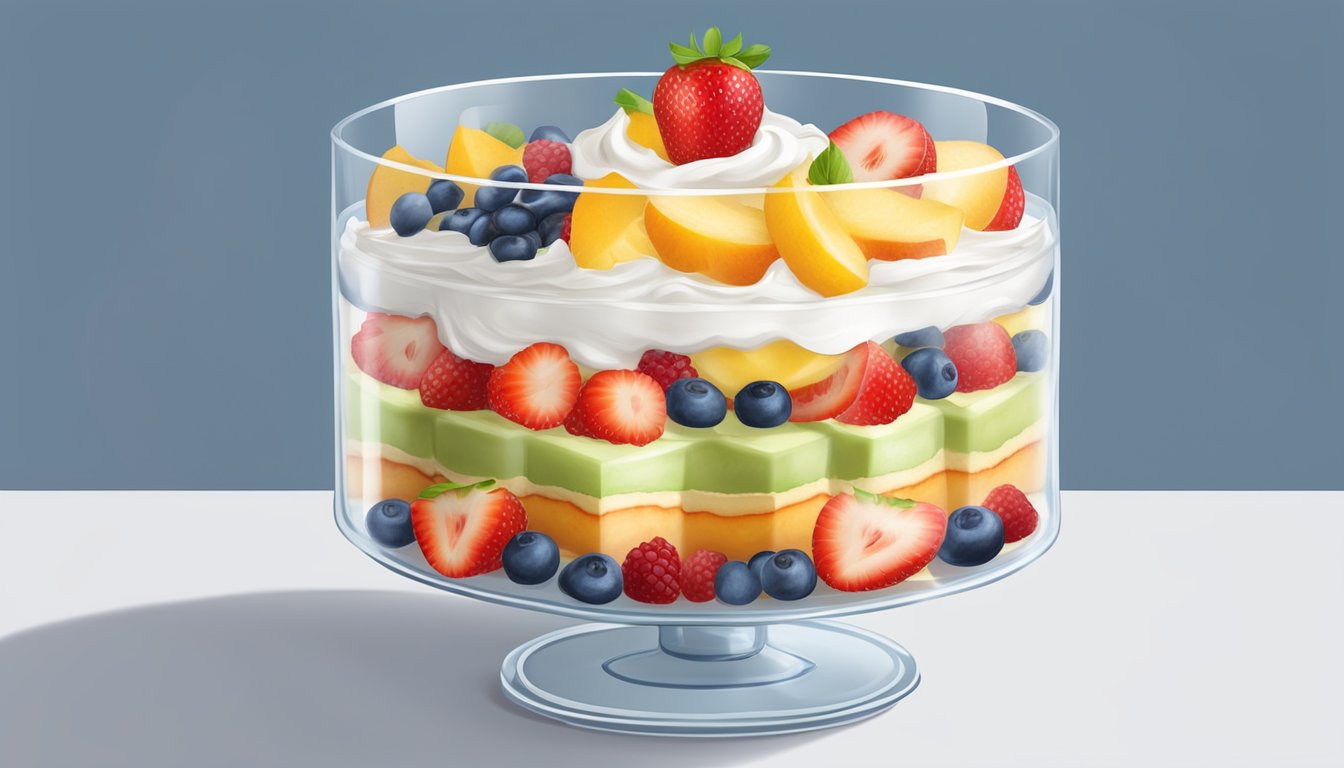 A glass trifle bowl filled with layers of sponge cake, fruit, custard, and whipped cream, covered with plastic wrap and placed in the refrigerator