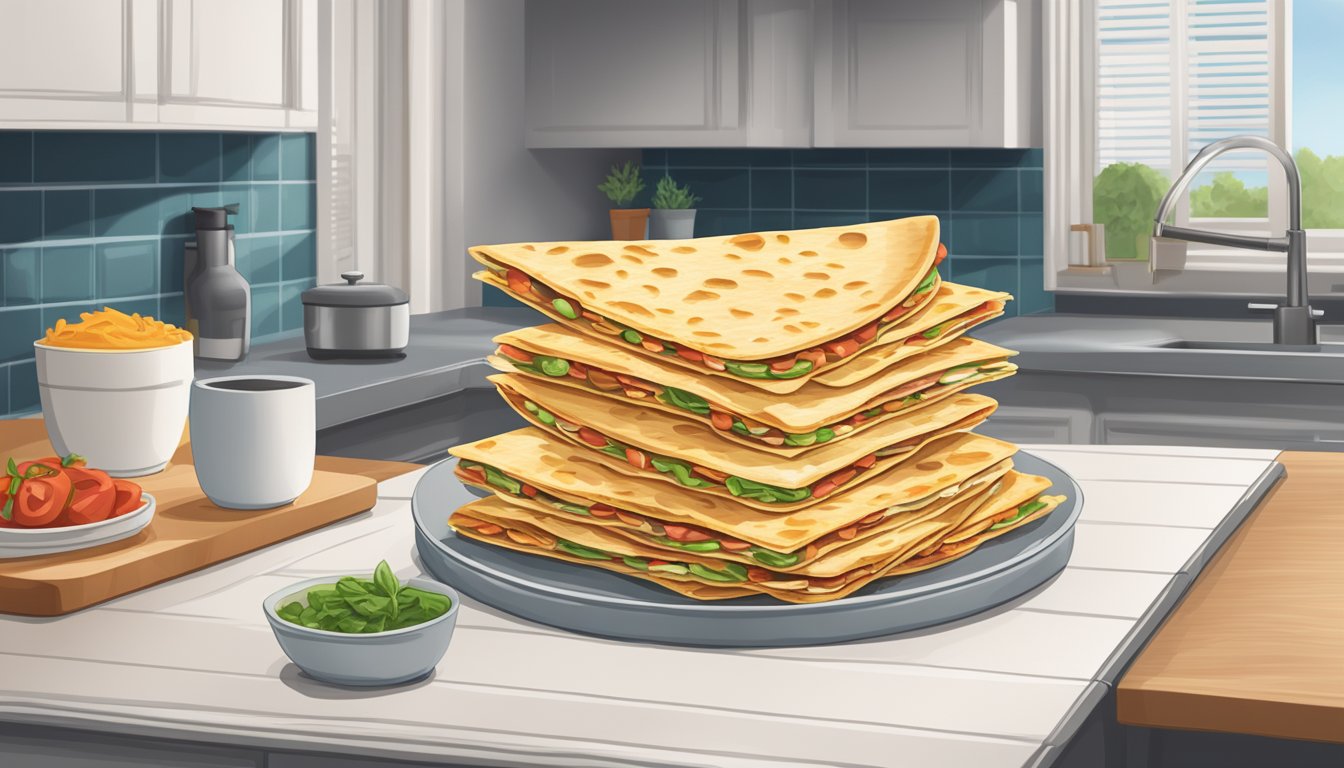 A stack of freshly prepared quesadillas sitting on a kitchen counter, with a calendar on the wall showing the current date and an expiration date marked on the packaging