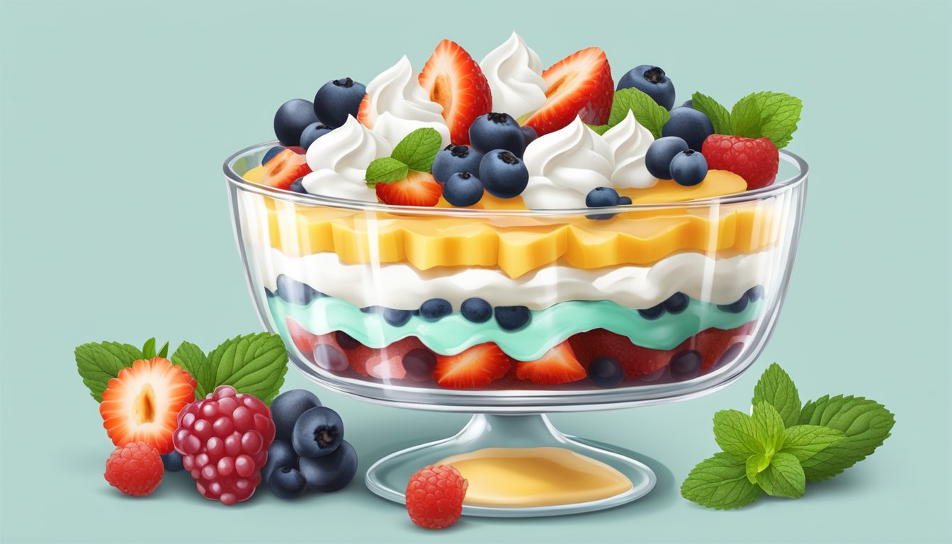 A glass trifle dish filled with layers of sponge cake, fruit, custard, and whipped cream, topped with fresh berries and mint leaves