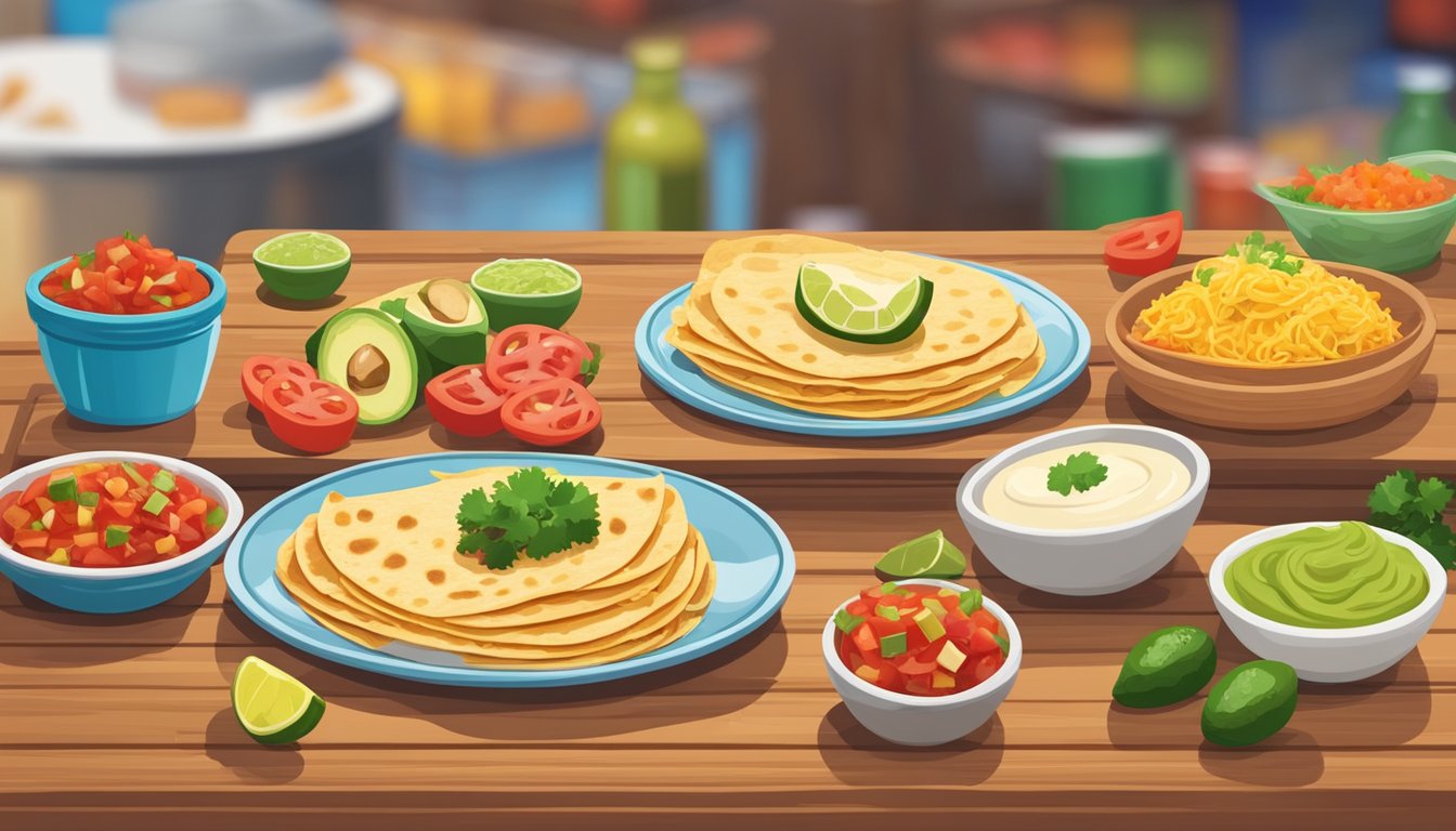 A plate of freshly prepared quesadillas sits on a wooden table, surrounded by colorful ingredients like salsa, sour cream, and guacamole