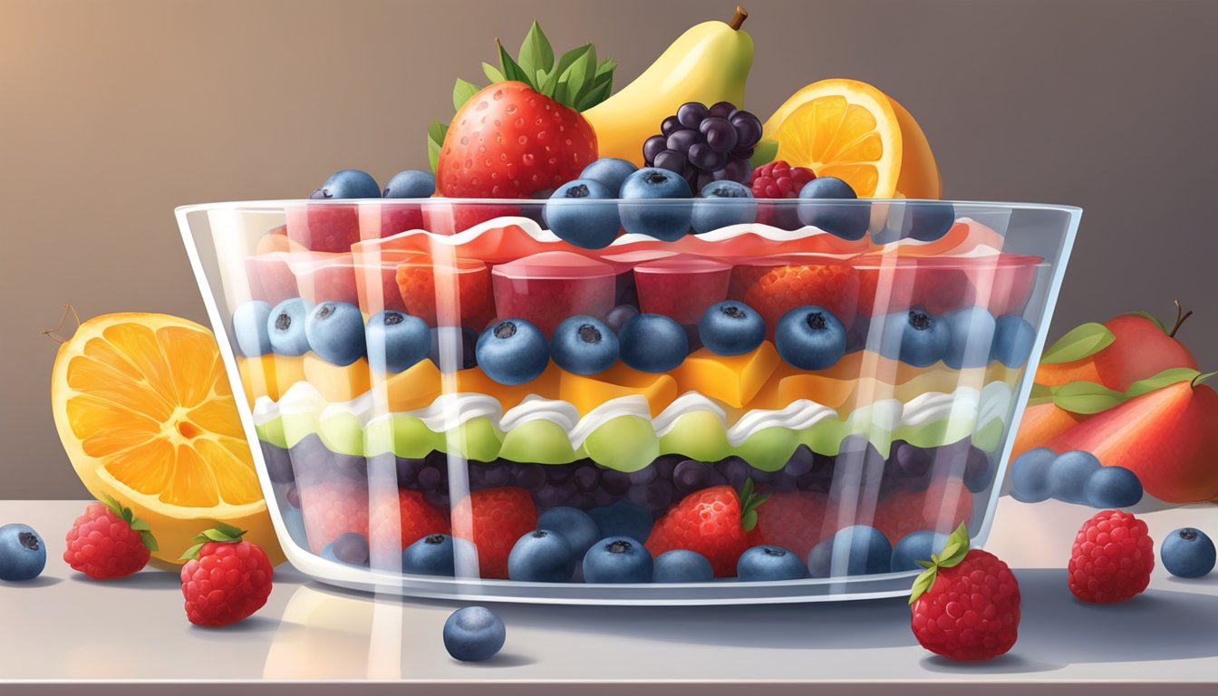 A glass trifle dish filled with layers of colorful fruit, cake, and creamy filling, covered with plastic wrap and stored in the refrigerator