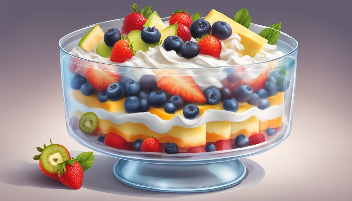 A glass trifle dish filled with layers of sponge cake, fruit, custard, and whipped cream, covered with plastic wrap and stored in the refrigerator