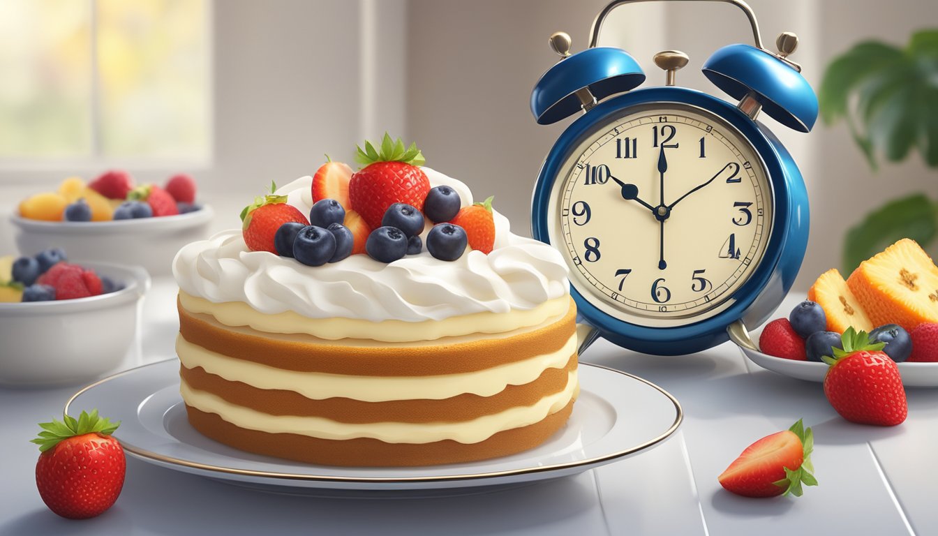 A trifle dish with layers of sponge cake, fruit, custard, and whipped cream, sitting on a table with a clock in the background showing the passage of time