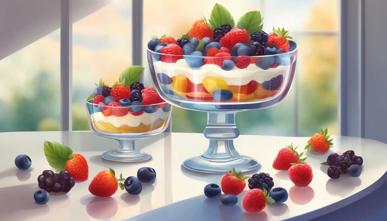 A colorful trifle sits on a glass pedestal, surrounded by fresh berries and cream. A clock on the wall shows the passage of time