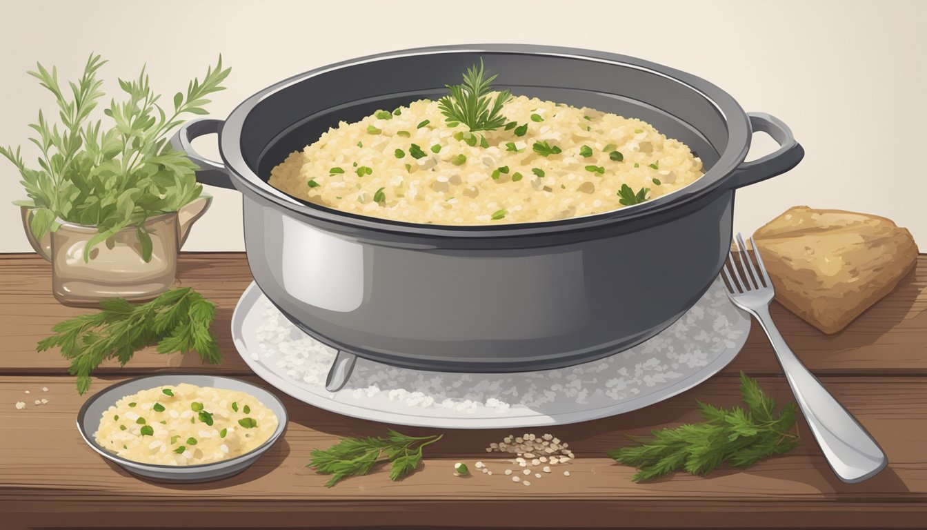 A steaming pot of risotto sits on a rustic wooden table, surrounded by scattered herbs and a half-filled wine glass. The creamy rice dish is topped with a sprinkle of parmesan and a drizzle of olive oil