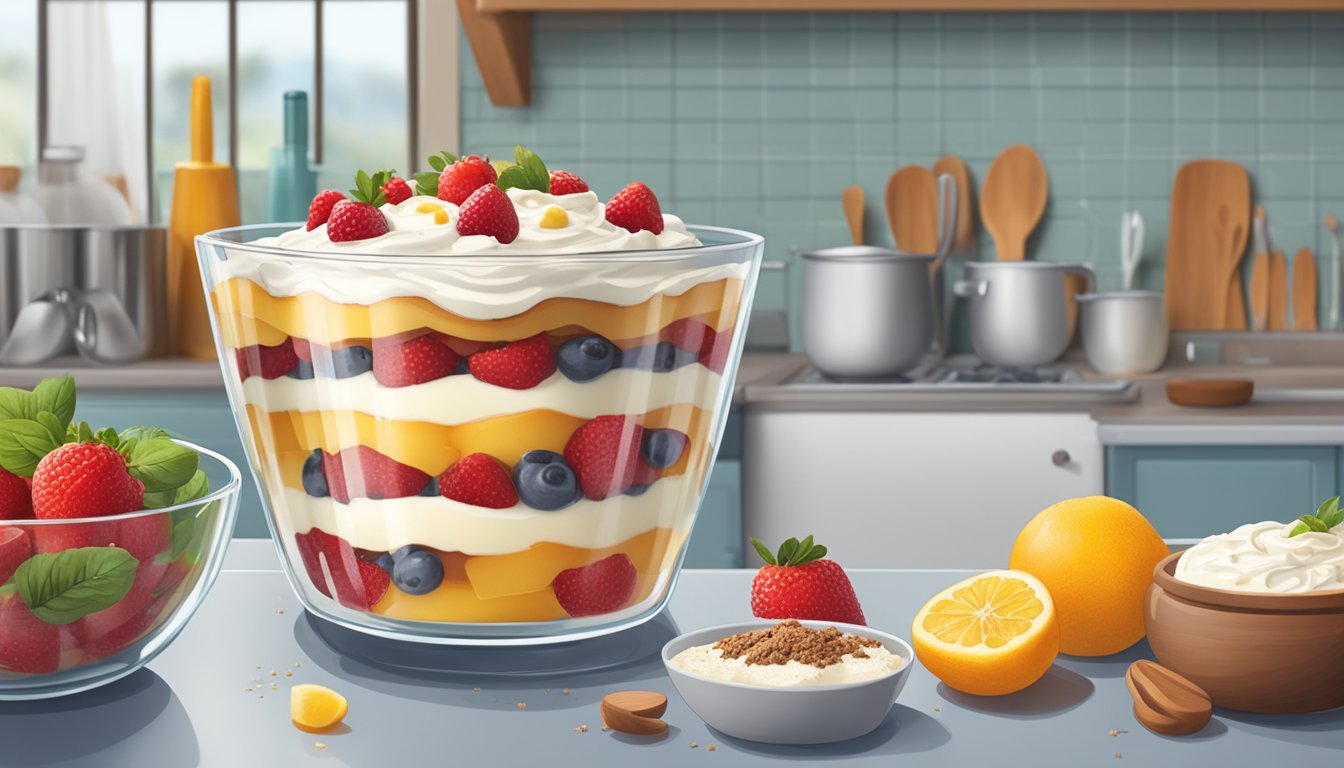 A freshly prepared trifle sits on a kitchen counter, surrounded by various ingredients and a calendar showing the best before date