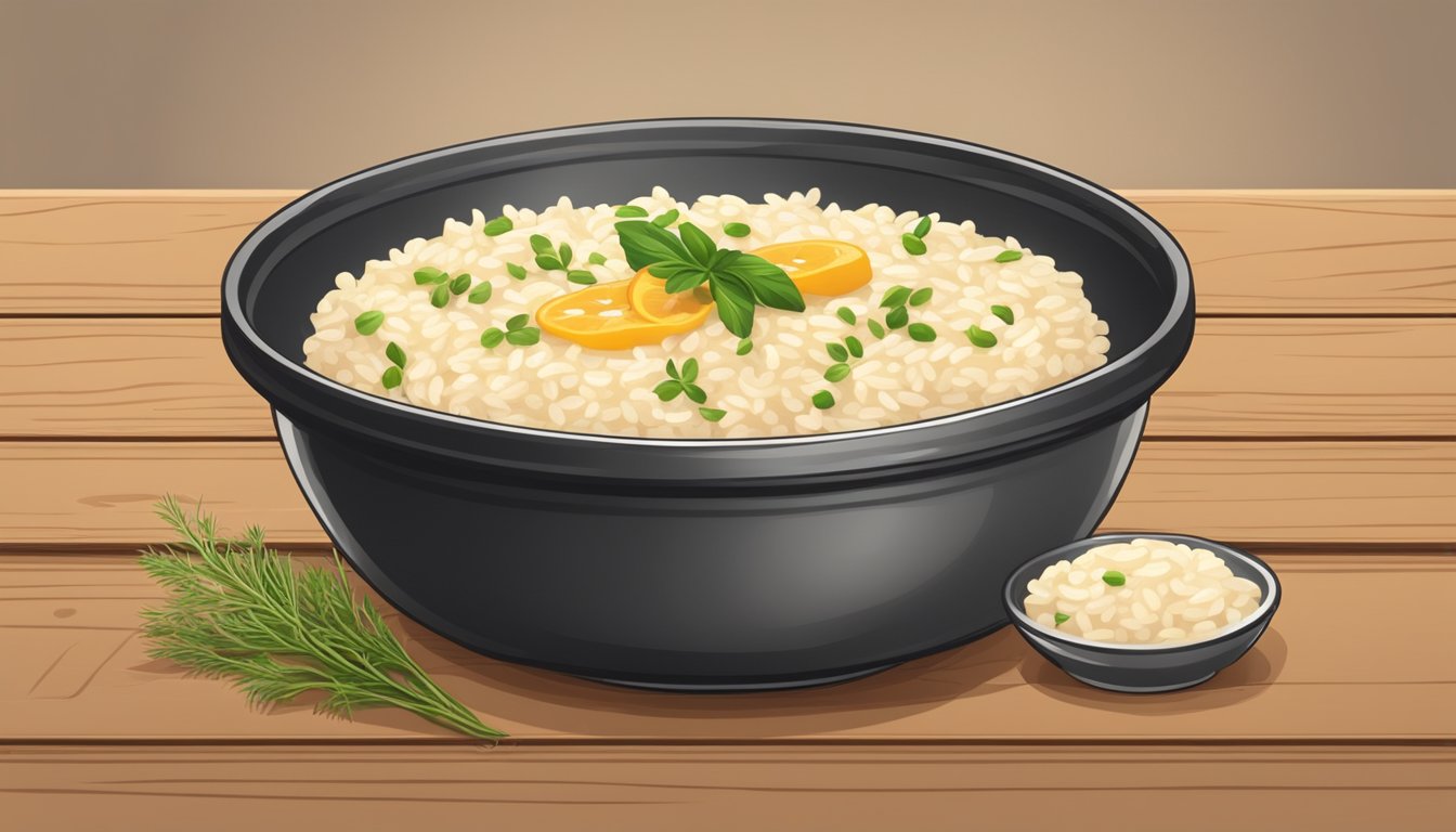 A bowl of freshly prepared risotto sits on a wooden table, covered with a lid to preserve its freshness