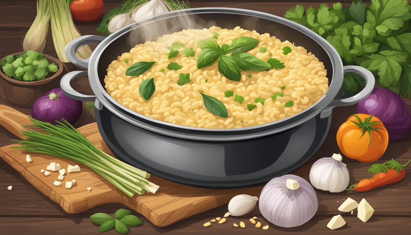 A steaming pot of freshly prepared risotto sits on a rustic wooden table, surrounded by colorful, fresh ingredients like herbs, vegetables, and cheese