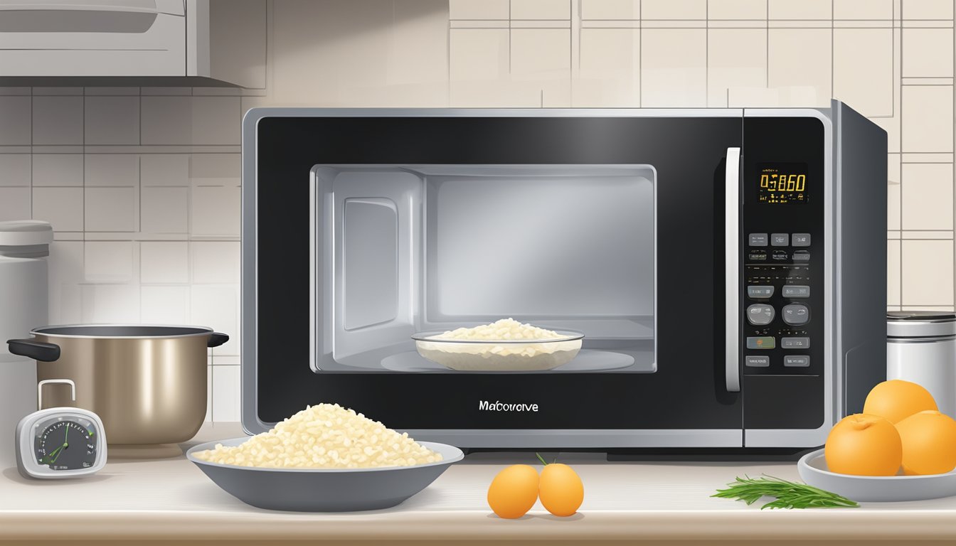 A bowl of risotto sits in a microwave next to a damp paper towel. The microwave timer displays 1:30