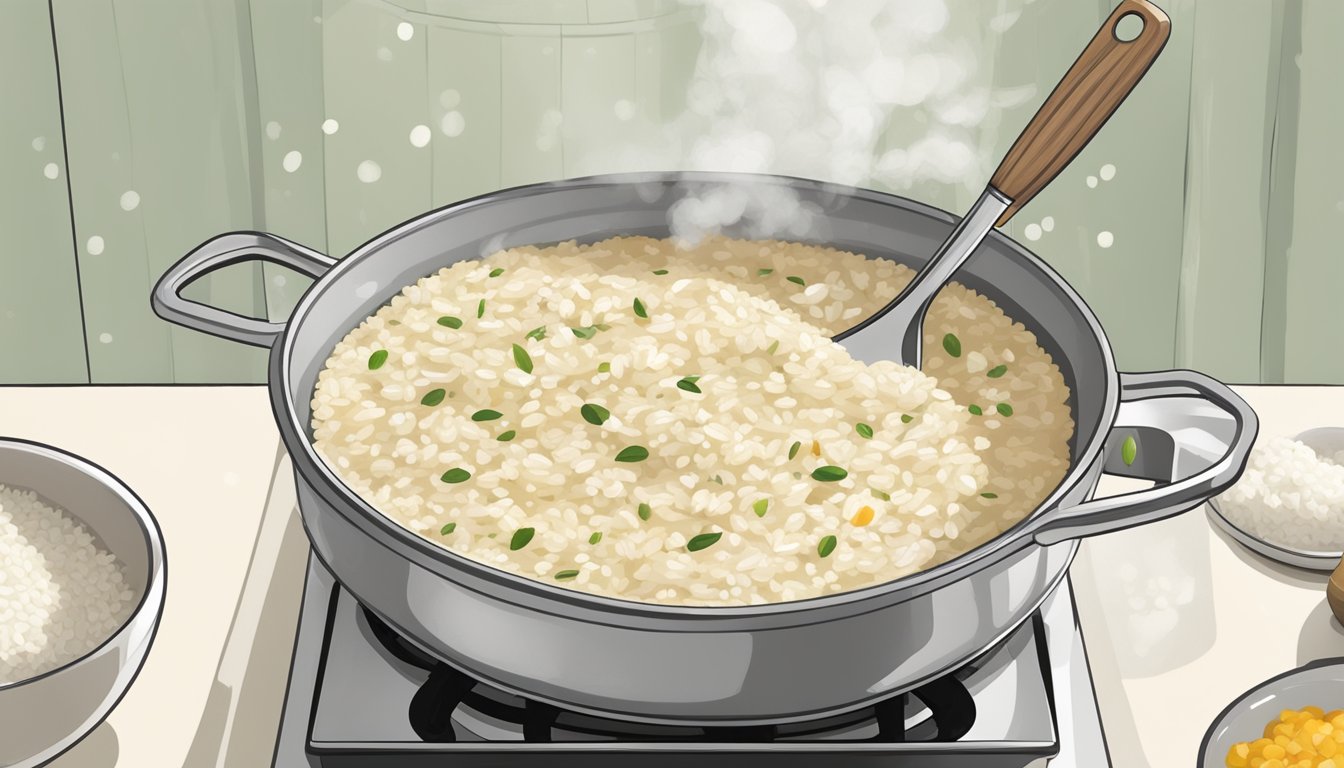 A pot of risotto sits on a stovetop, steam rising from the creamy rice. A spoon rests on the edge of the pot, with a few grains of rice stuck to it. The risotto appears slightly dried out and clumped together, indicating that it may be past its prime