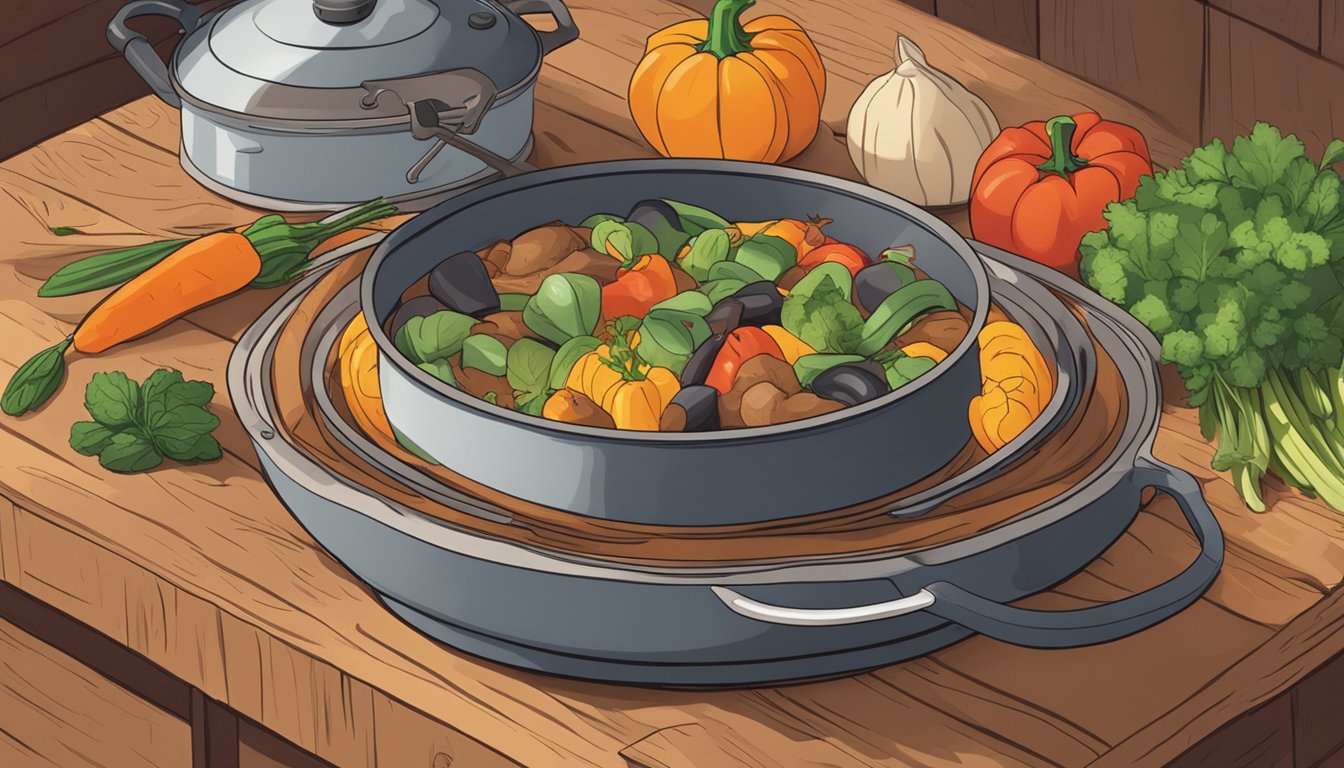 A steaming pot of ratatouille sits on a rustic wooden table, surrounded by colorful vegetables and herbs. A timer on the stove indicates the time elapsed since it was prepared