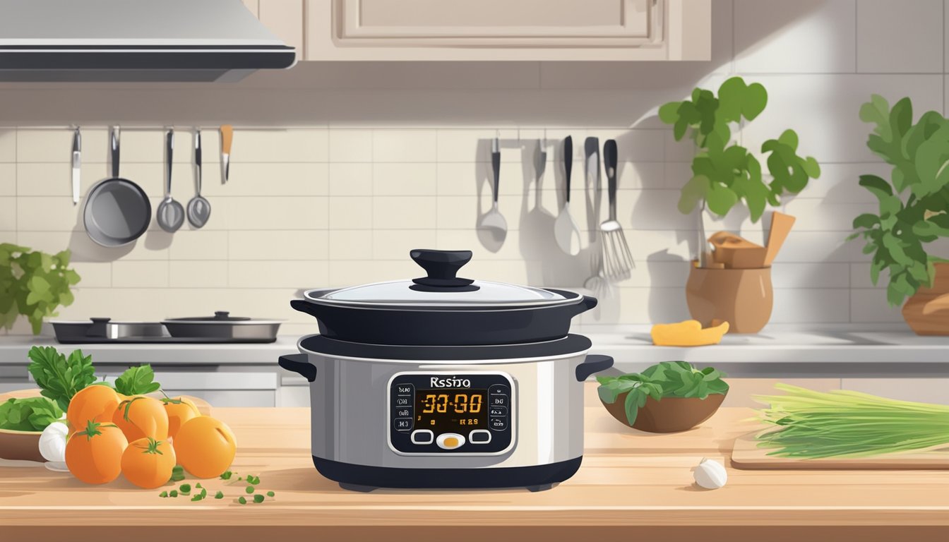 A pot of freshly prepared risotto sits on a kitchen counter next to a timer set for the recommended storage time