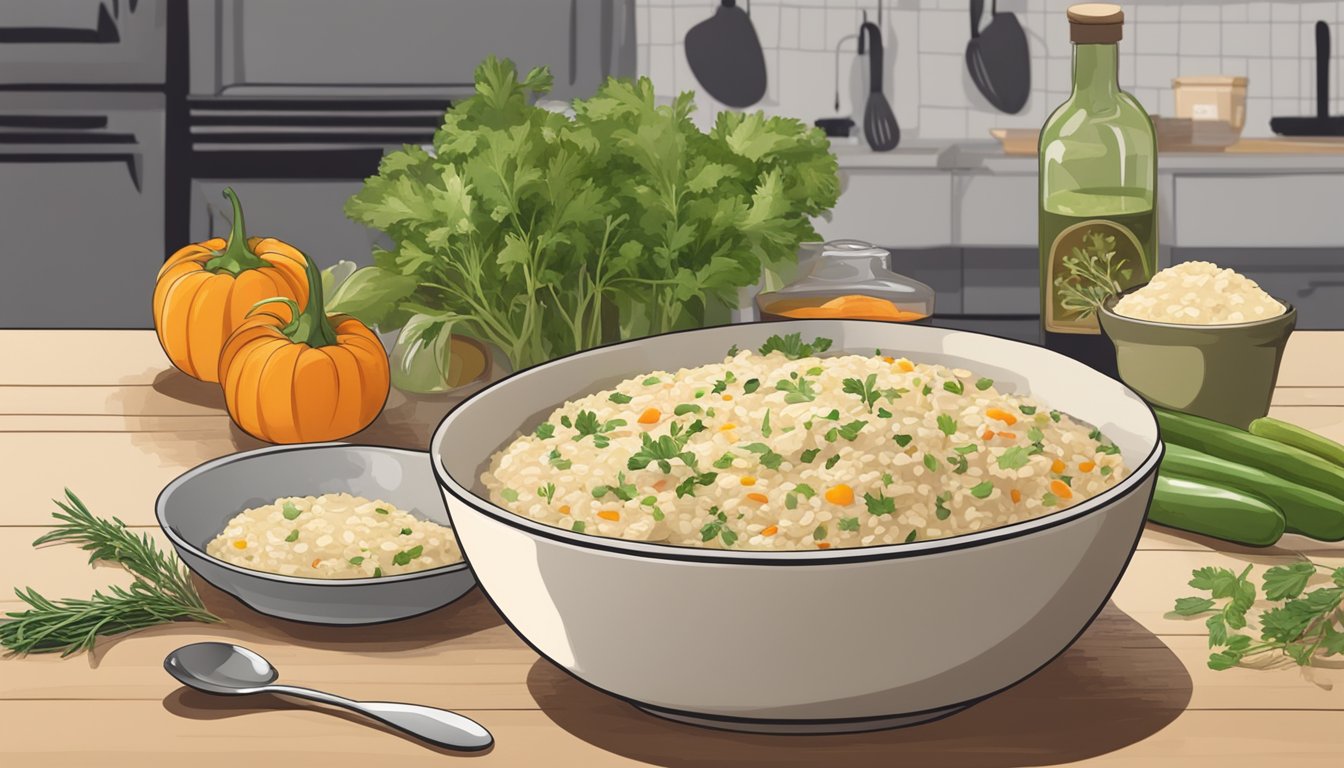 A bowl of leftover risotto sits on a kitchen counter, surrounded by ingredients like vegetables and herbs. A pot and a spoon are nearby