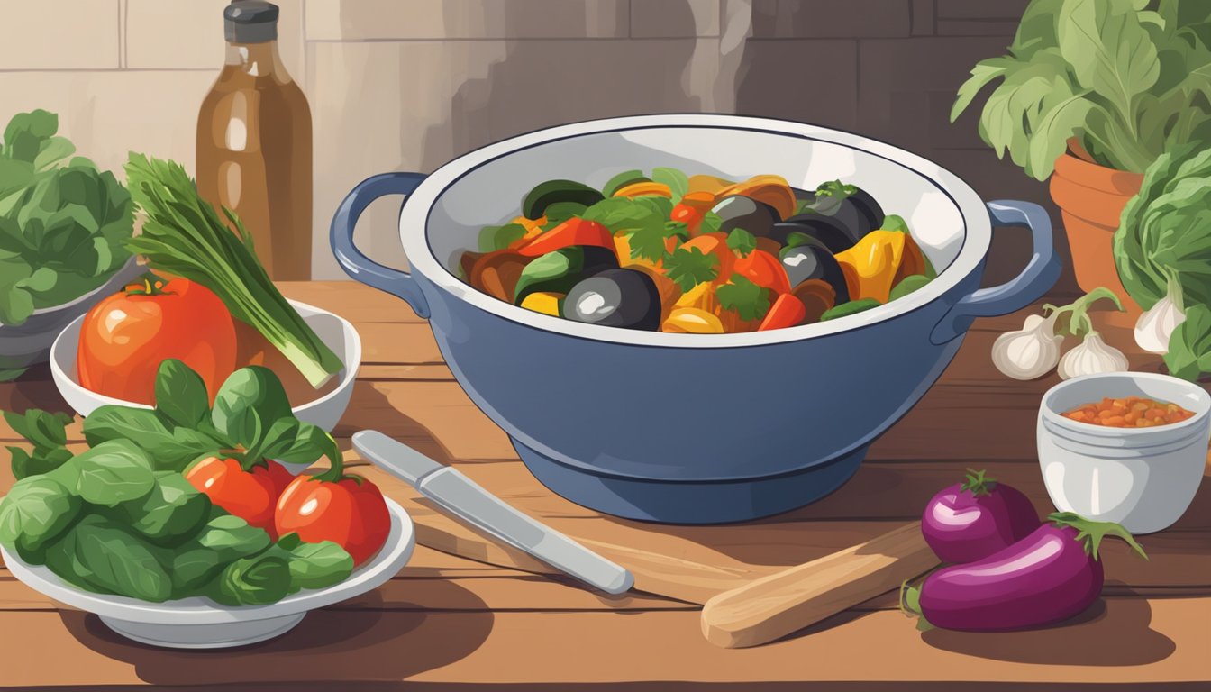 A bowl of ratatouille sits on a wooden table, surrounded by fresh vegetables and herbs. A steaming pot and a stack of plates are nearby