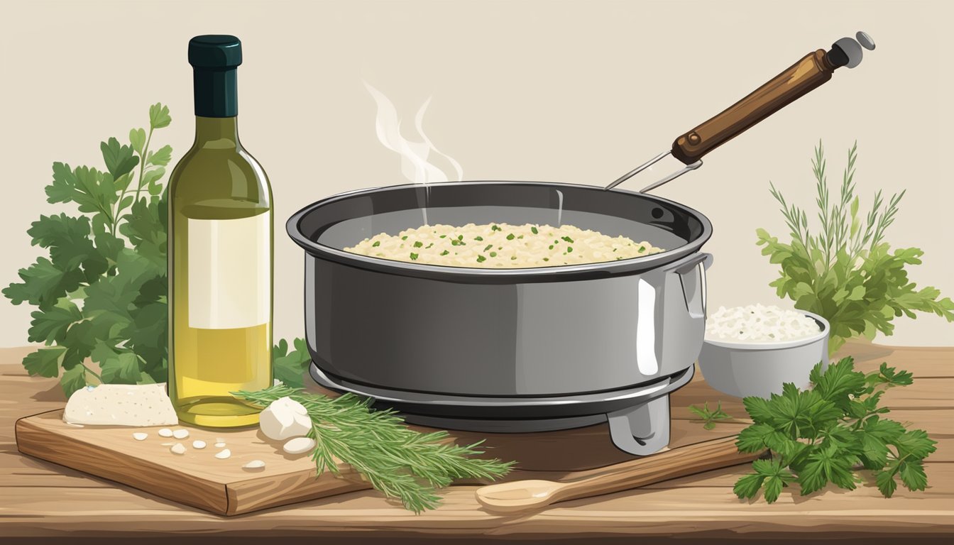 A steaming pot of creamy risotto sits on a rustic wooden table, surrounded by scattered herbs and a half-opened bottle of white wine