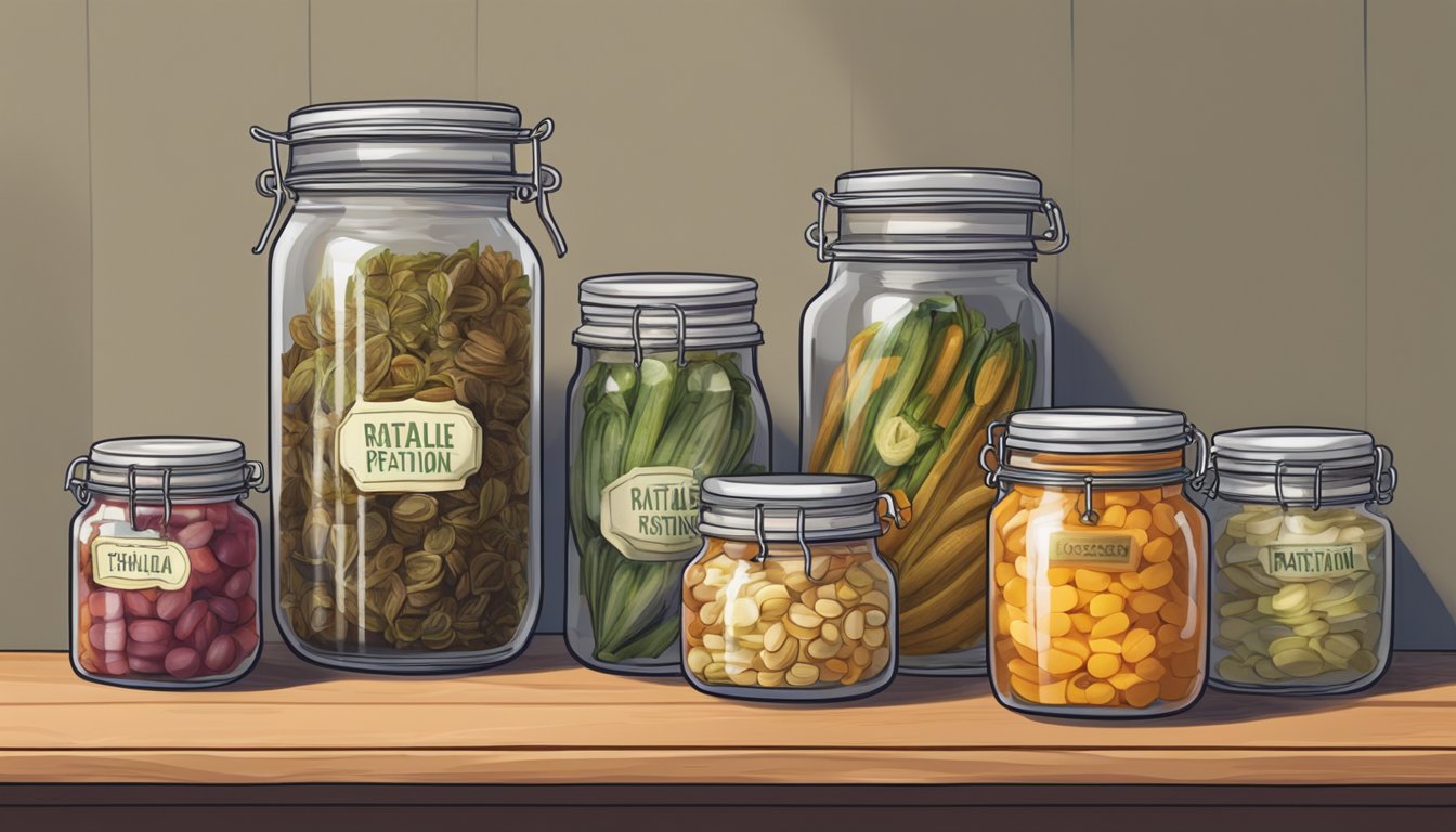 A glass jar filled with ratatouille sits on a shelf next to other preserved foods. The jar is sealed with a lid and labeled with the date of preparation