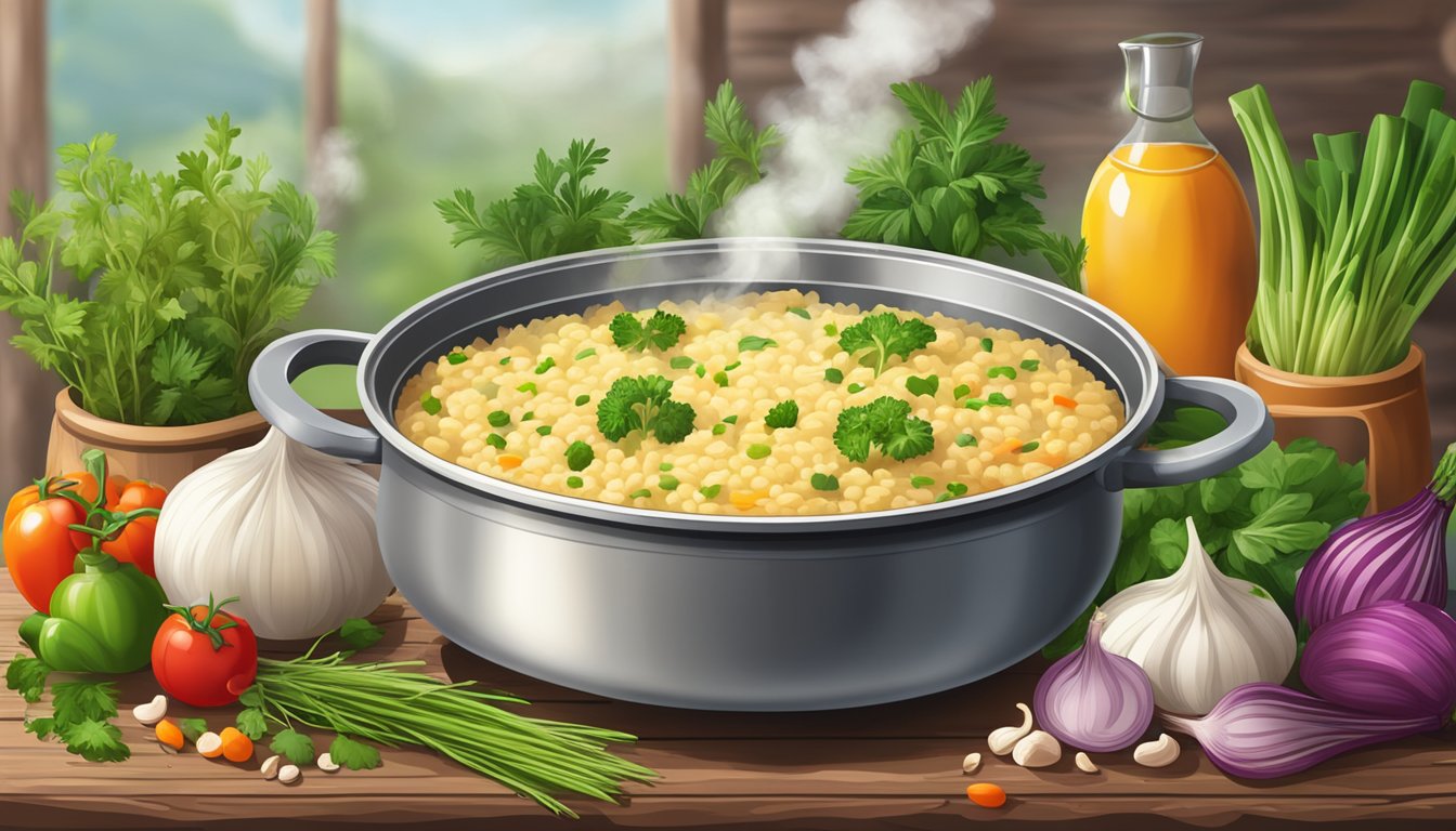 A steaming pot of risotto sits on a rustic wooden table, surrounded by vibrant fresh herbs and colorful vegetables