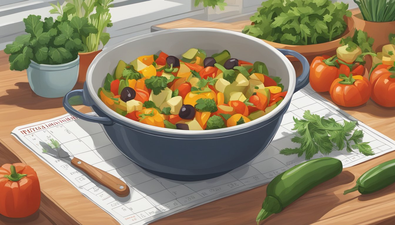 A bowl of ratatouille sits on a kitchen counter, surrounded by fresh vegetables and herbs. A calendar on the wall shows the current date