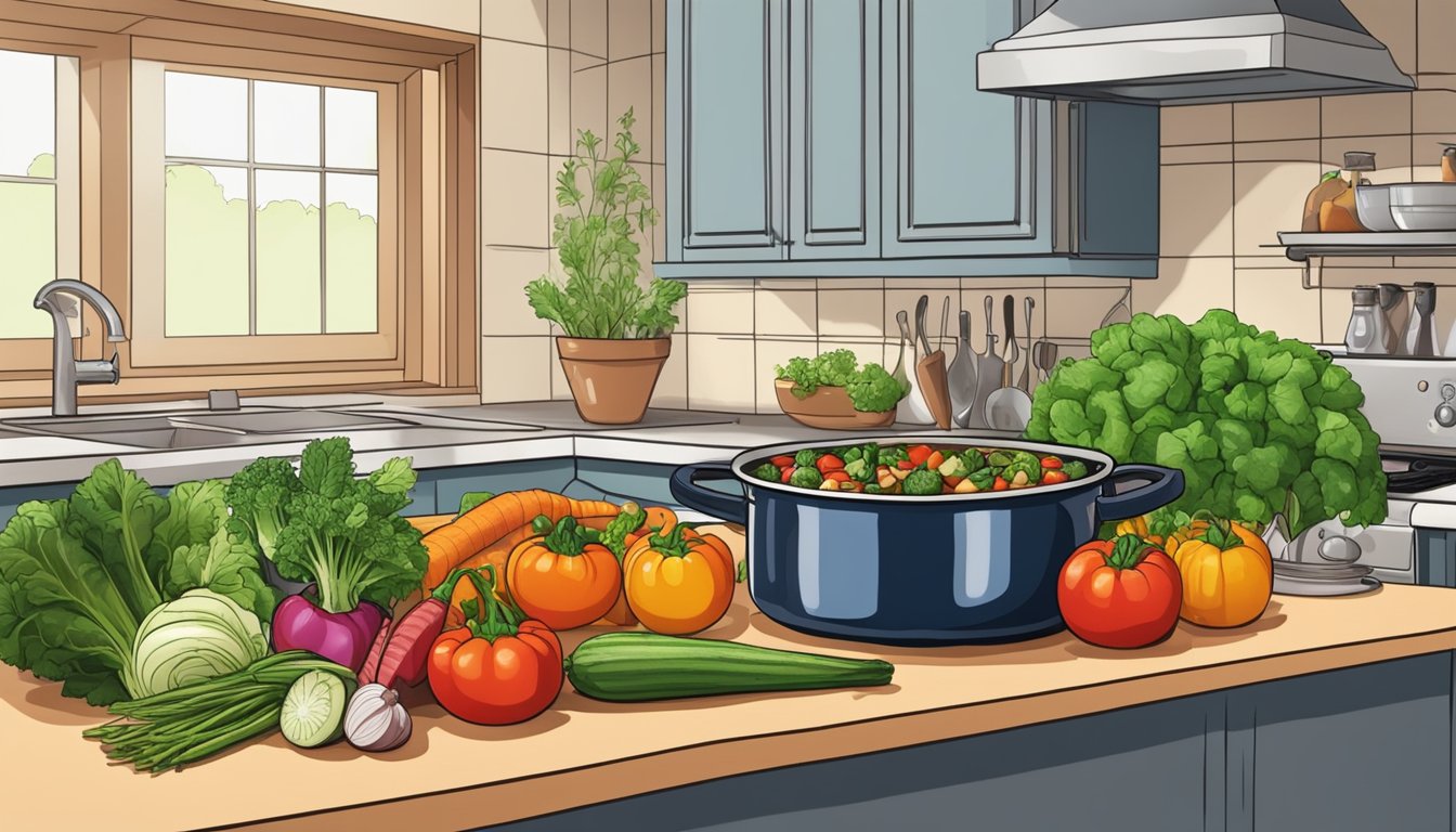 A colorful array of fresh vegetables and herbs arranged on a kitchen counter, with a steaming pot of ratatouille in the background