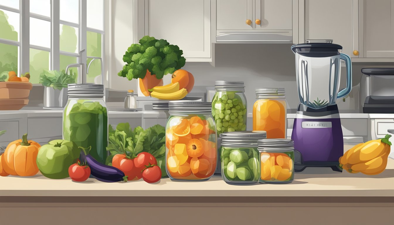 A colorful array of ripe fruits and vegetables arranged on a kitchen counter, alongside a blender and a stack of clean, empty mason jars