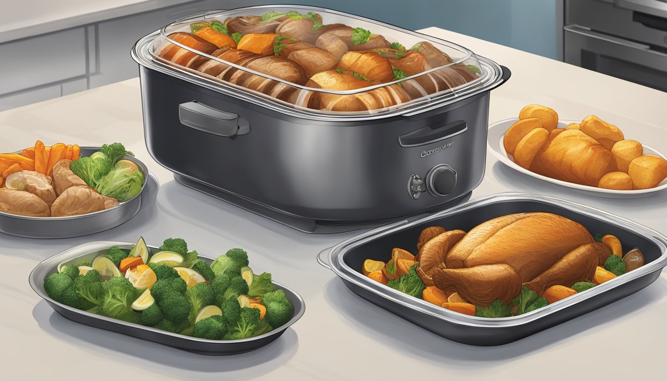 A platter of freshly prepared roast dishes sits on a kitchen counter, covered with a clear lid. Steam rises from the dishes, indicating their warmth and freshness