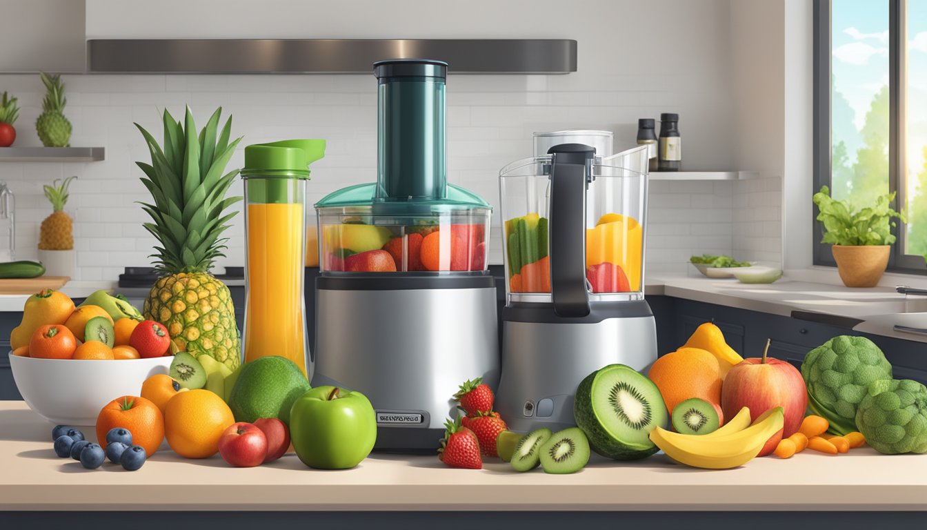 A vibrant array of fresh fruits, vegetables, and superfoods arranged on a kitchen counter, with a blender and bowls nearby