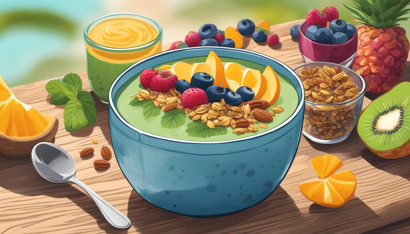 A colorful smoothie bowl sits on a wooden table, topped with fresh fruit and granola. A glass jar filled with a vibrant smoothie is next to it, with a spoon resting on the side