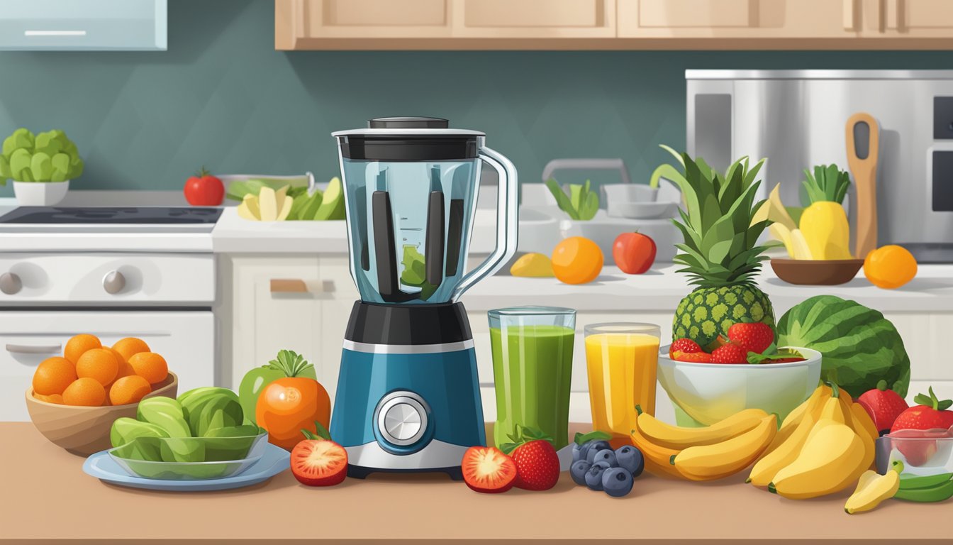 A colorful array of fresh fruits and vegetables arranged next to a blender and cutting board, with a vibrant smoothie bowl sitting on a kitchen counter