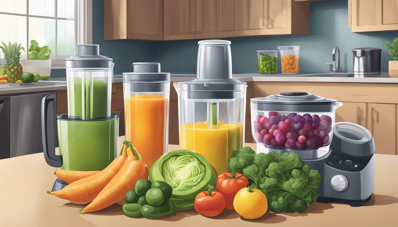 A colorful array of ripe fruits and vegetables, a blender, and a stack of clean, airtight containers on a kitchen counter