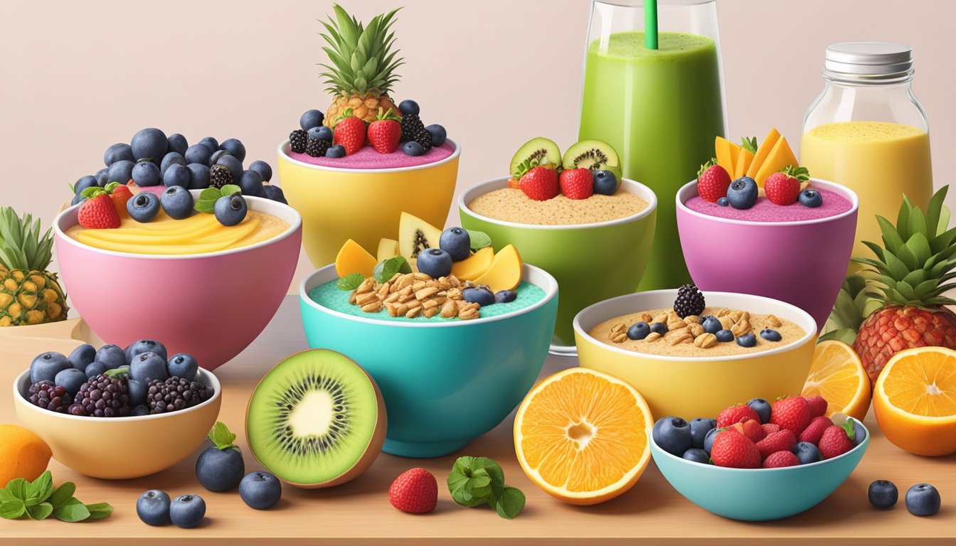 A colorful array of freshly prepared smoothie bowls arranged on a kitchen counter, surrounded by a variety of vibrant fruits and toppings