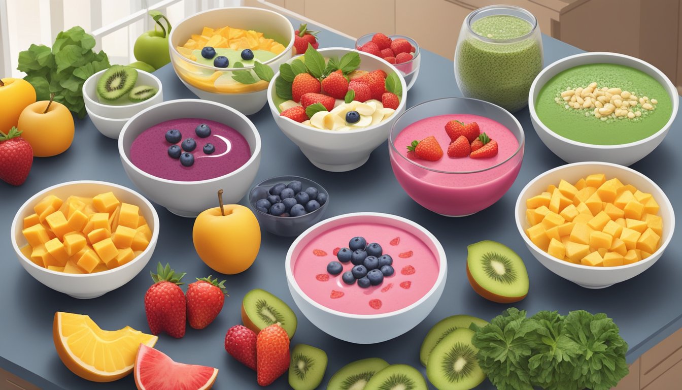 A colorful array of freshly prepared smoothie bowls arranged on a kitchen counter, surrounded by vibrant fruits and vegetables