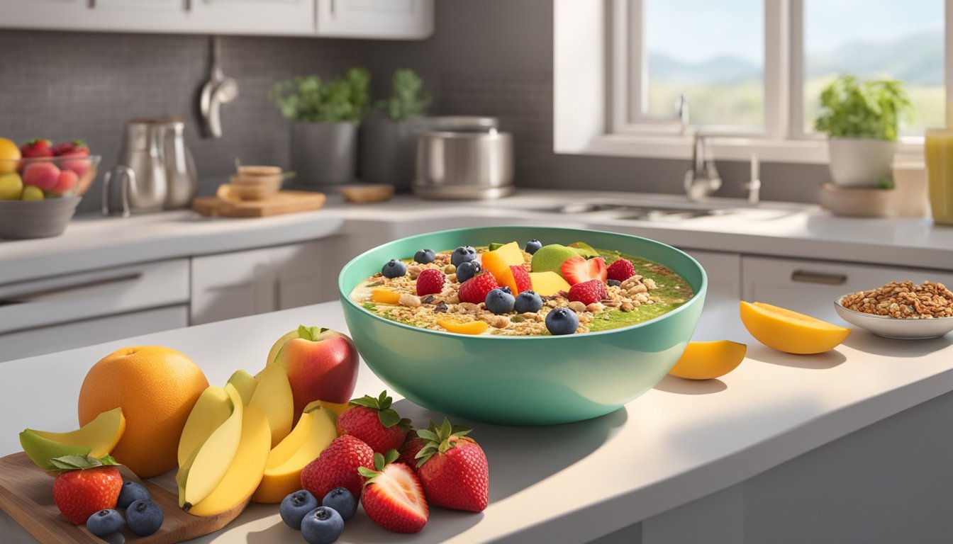 A colorful array of freshly prepared smoothie bowls sits on a kitchen counter, surrounded by vibrant fruits and granola. A clock on the wall indicates the time, suggesting the passing of time