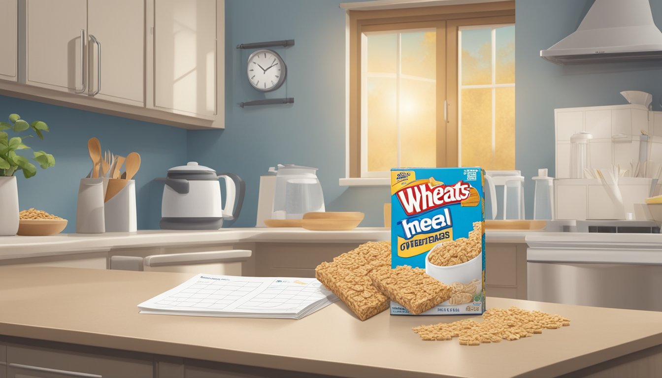 A box of Frosted Mini-Wheats sits on a kitchen counter, surrounded by a calendar and clock, indicating the passage of time