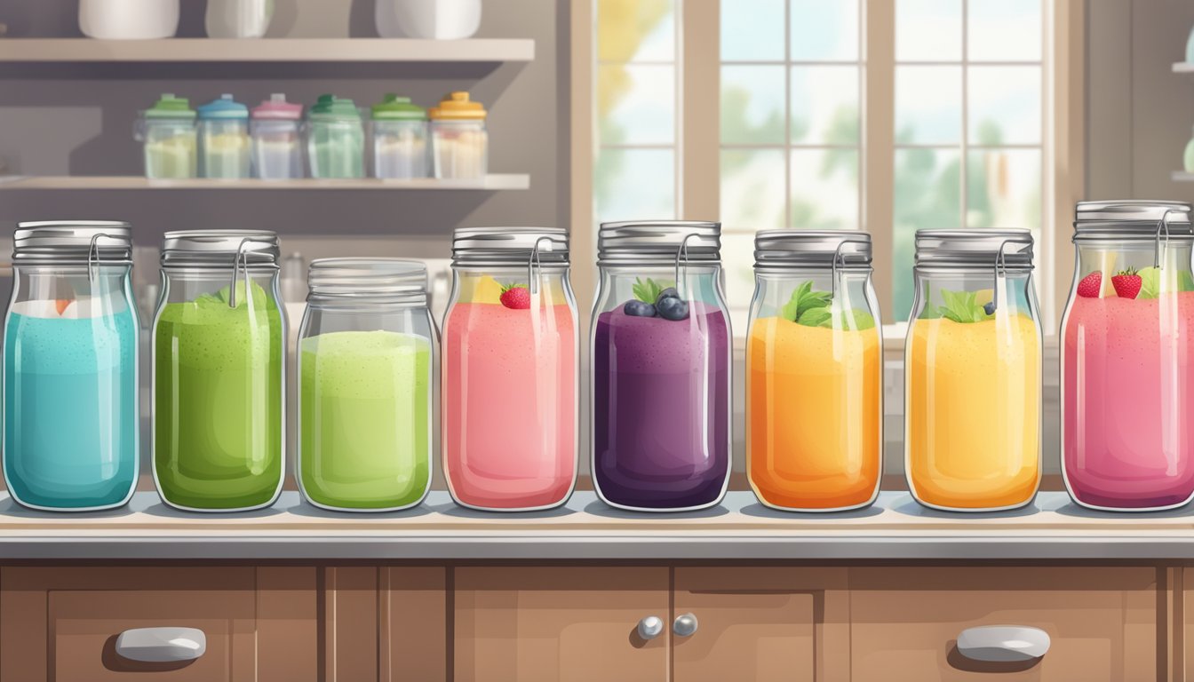 A row of colorful, freshly prepared smoothies in various glass jars, each labeled with a different flavor, sitting on a kitchen counter