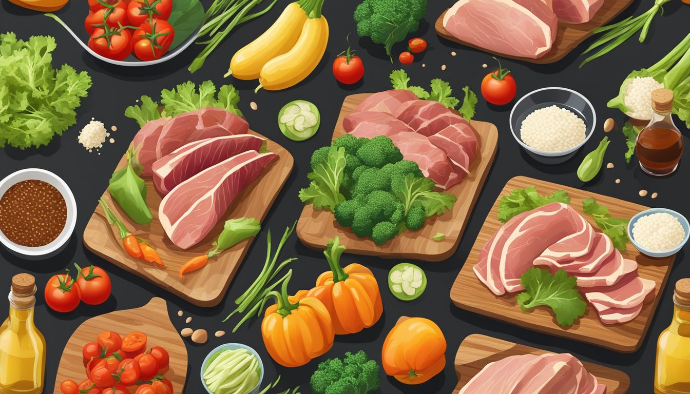 A colorful array of fresh vegetables and sliced meat arranged on a cutting board, surrounded by bottles of soy sauce and sesame oil