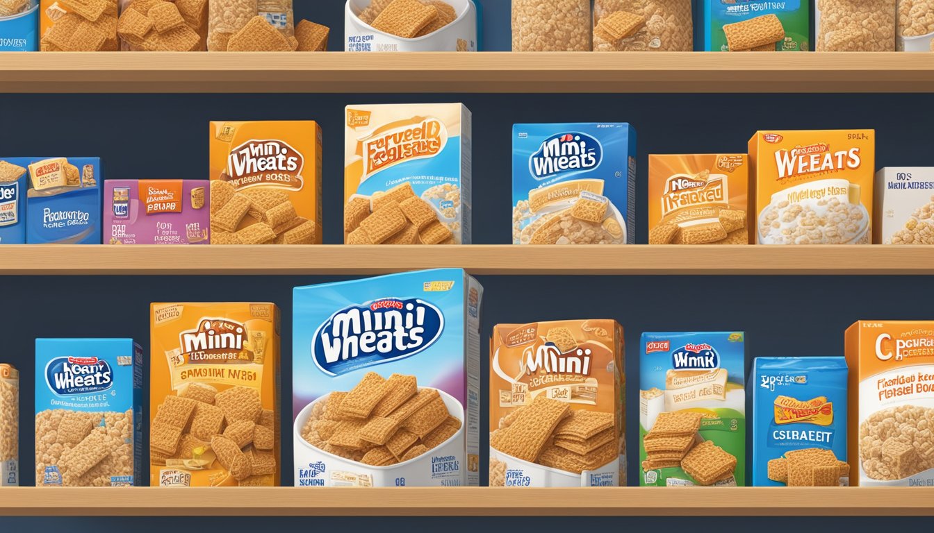 A box of Frosted Mini-Wheats sits on a pantry shelf, surrounded by other cereal boxes and canned goods. The expiration date is clearly visible on the packaging