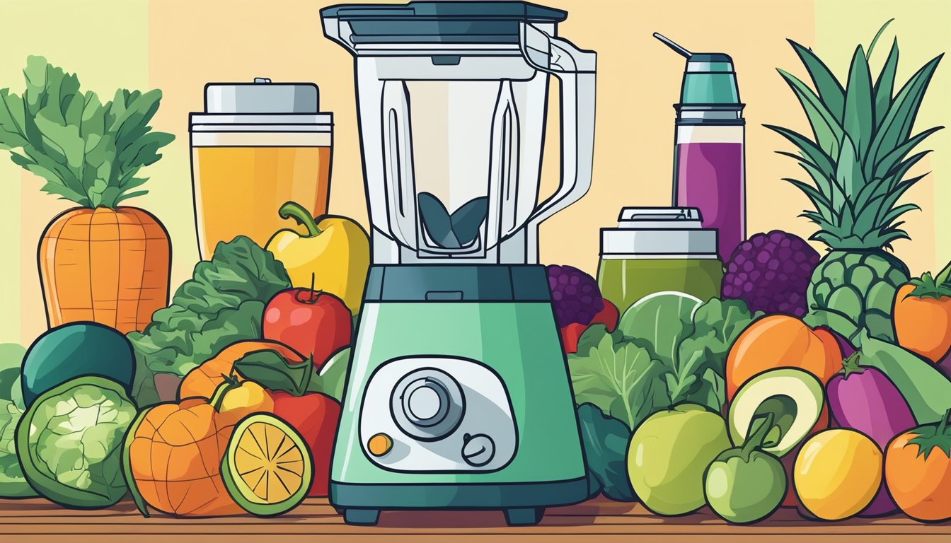 A colorful array of fresh fruits and vegetables sit on a kitchen counter next to a blender. The blender is filled with a vibrant mixture of ingredients being expertly blended together