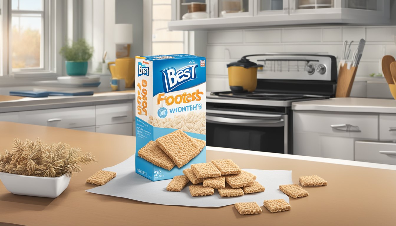 A box of Frosted Mini-Wheats sits on a kitchen counter, next to a calendar showing the current date and a "best by" date several months in the future